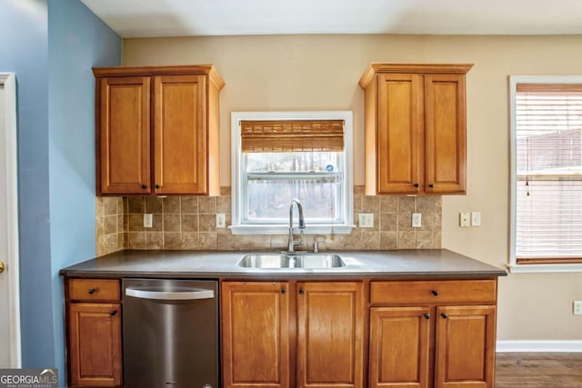 6498 Stonelake Pl SW, Atlanta, GA 30331 - kitchen featuring dishwasher, a sink, decorative backsplash, and brown cabinets