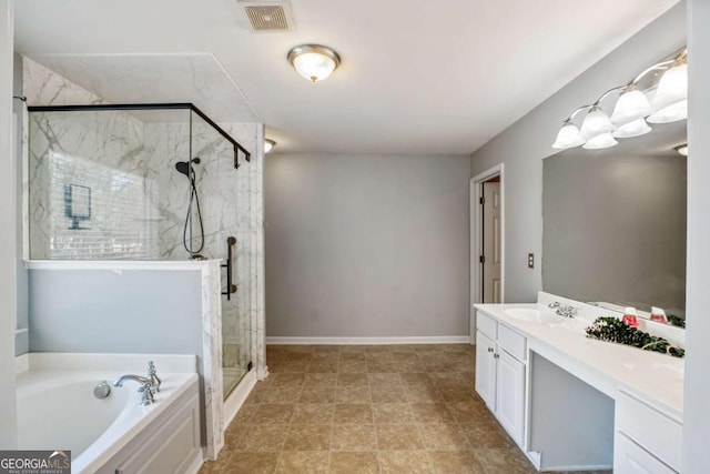 6498 Stonelake Pl SW, Atlanta, GA 30331 - bathroom featuring a marble finish shower, vanity, a bath, and baseboards