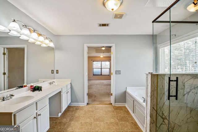 6498 Stonelake Pl SW, Atlanta, GA 30331 - bathroom with a marble finish shower, a bath, double vanity, and baseboards