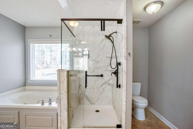 6498 Stonelake Pl SW, Atlanta, GA 30331 - bathroom with toilet, a marble finish shower, a tub with jets, and tile patterned flooring