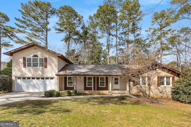 view of front facade with a porch, crawl space, a front lawn, and concrete driveway