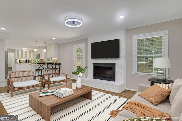 living room featuring light wood finished floors, ornamental molding, a fireplace, and baseboards