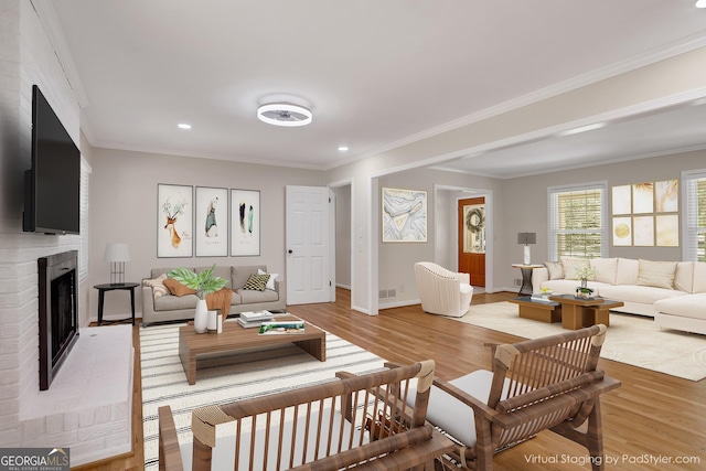 living area featuring ornamental molding, light wood-type flooring, and a fireplace