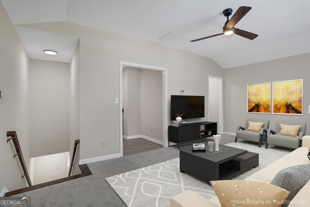 2542 Maclaren, Dunwoody, GA 30360 - living area featuring ceiling fan, carpet, lofted ceiling, and baseboards