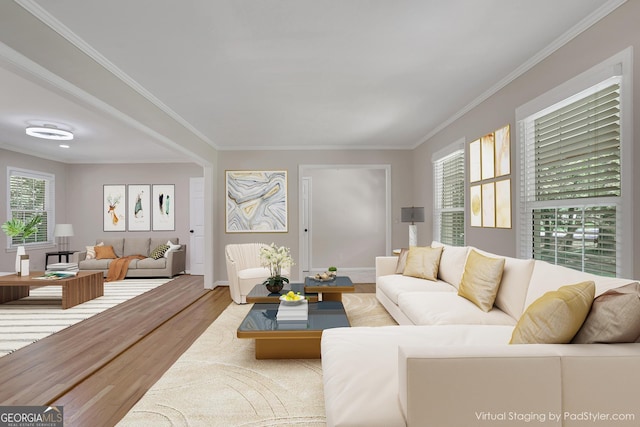 living area with light wood-type flooring and crown molding