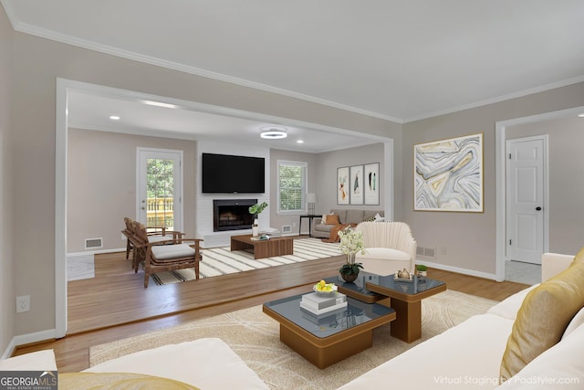 living area featuring light wood-style floors, a large fireplace, visible vents, and plenty of natural light