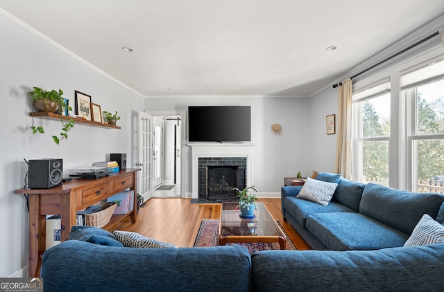 living room featuring baseboards, a brick fireplace, wood finished floors, and crown molding