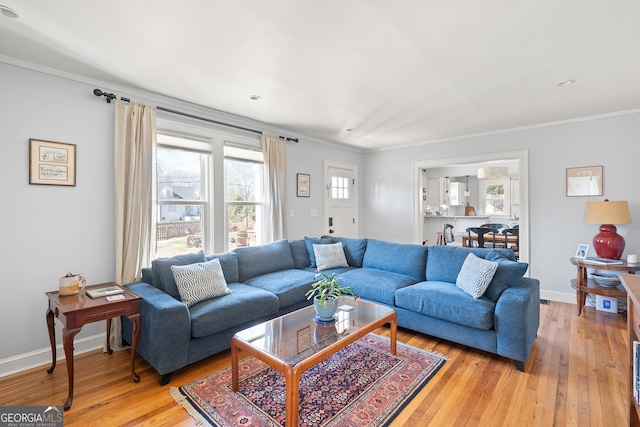 living area with baseboards, ornamental molding, and wood finished floors