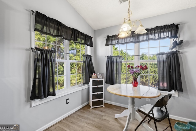 dining area featuring hardwood / wood-style flooring, a chandelier, vaulted ceiling, and a healthy amount of sunlight