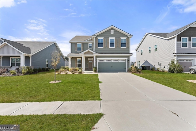 view of front of property featuring a garage, cooling unit, and a front lawn