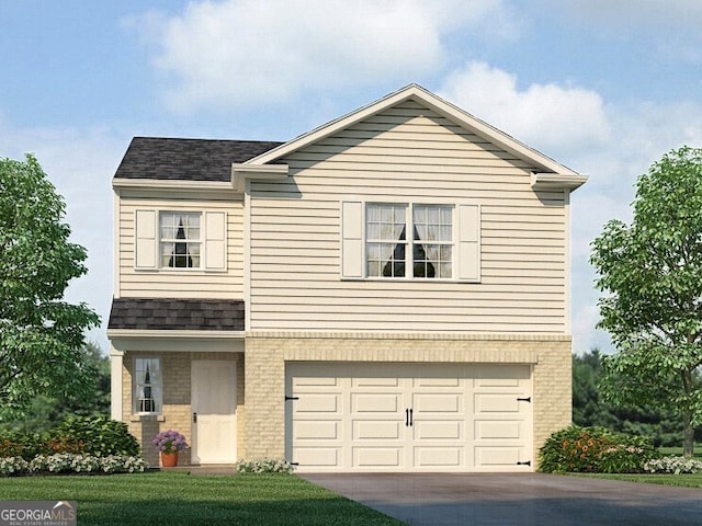 view of front of property with concrete driveway, an attached garage, brick siding, and a front yard