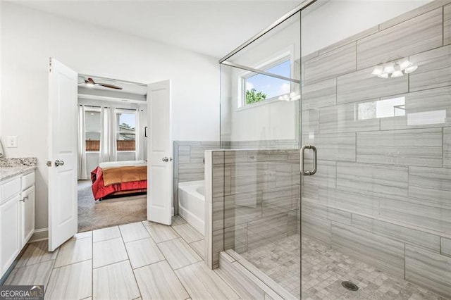 bathroom with separate shower and tub and vanity