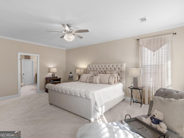 bedroom featuring ceiling fan, ornamental molding, and light carpet