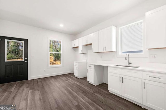 kitchen with white cabinetry, sink, and dark wood-type flooring