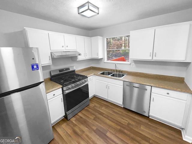 kitchen with white cabinetry, appliances with stainless steel finishes, sink, and dark hardwood / wood-style floors
