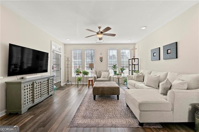 living room featuring ceiling fan and dark hardwood / wood-style flooring