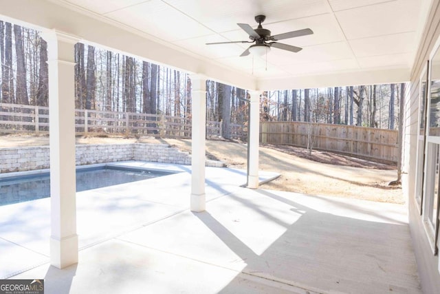 view of patio with a fenced in pool, a ceiling fan, and a fenced backyard