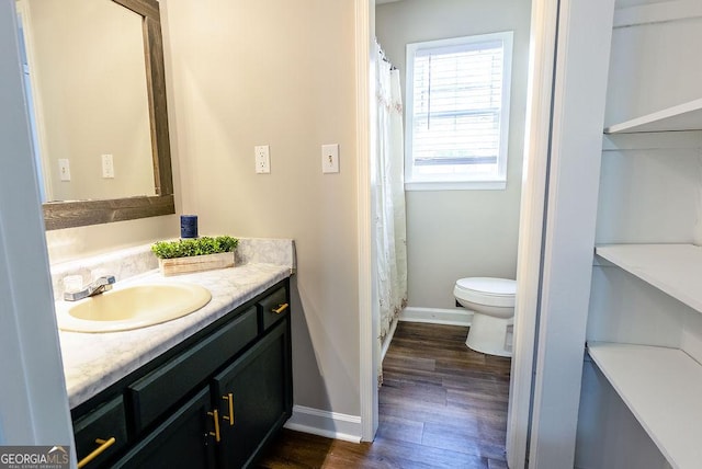 bathroom featuring toilet, vanity, and wood-type flooring