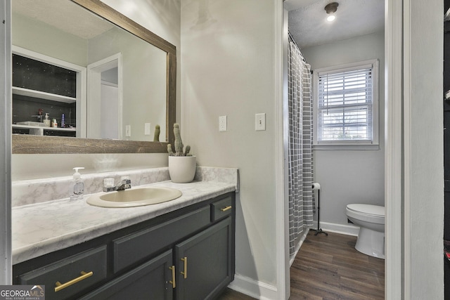 bathroom featuring toilet, vanity, and hardwood / wood-style floors