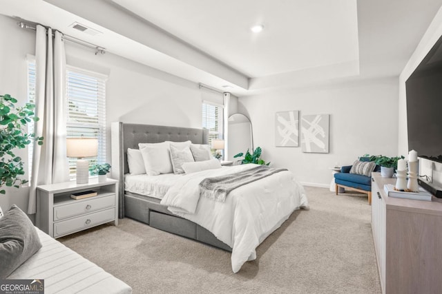 carpeted bedroom featuring a tray ceiling