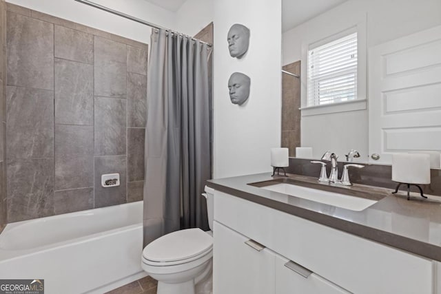 bathroom with toilet, shower / bath combination with curtain, and vanity