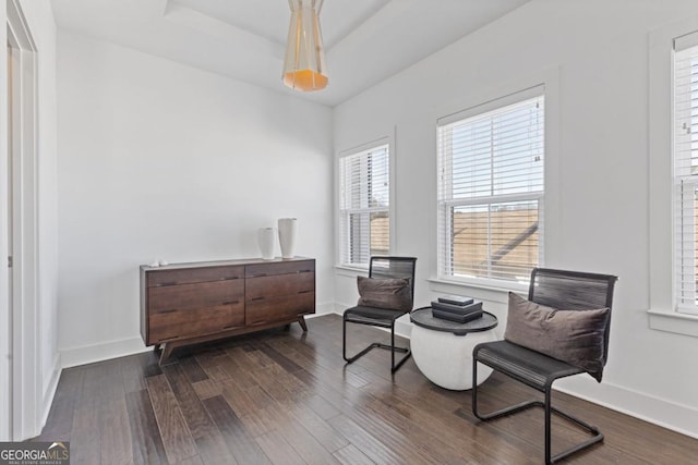 living area with dark wood-style floors, a raised ceiling, and baseboards