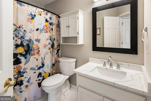 full bath with toilet, curtained shower, tile patterned flooring, and vanity