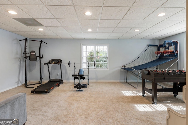 workout area with carpet floors, recessed lighting, and baseboards