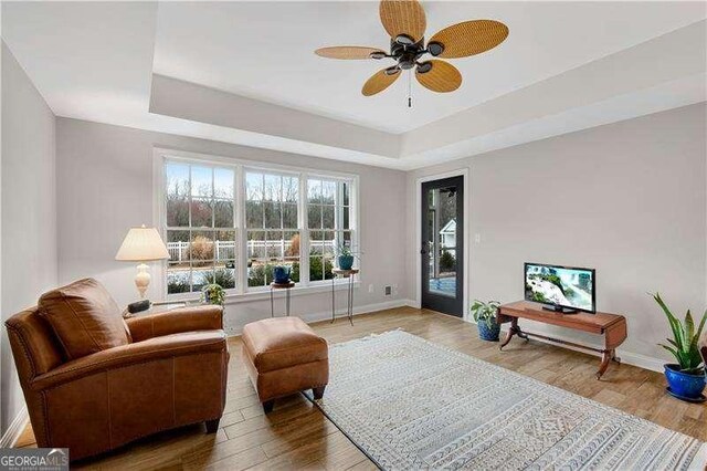 living area with a raised ceiling, ceiling fan, and hardwood / wood-style floors