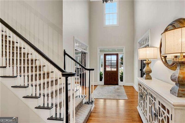 entryway featuring hardwood / wood-style floors, a wealth of natural light, and a towering ceiling