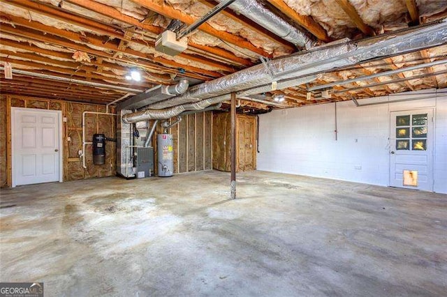 basement with heating unit and gas water heater