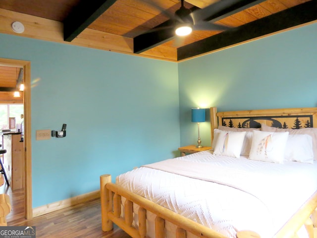 bedroom with wood ceiling, baseboards, beam ceiling, and wood finished floors