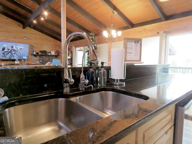 kitchen with lofted ceiling with beams, wood ceiling, hanging light fixtures, wood walls, and a sink