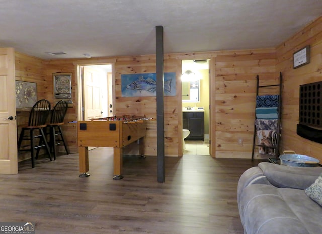 recreation room with wood walls, a sink, and wood finished floors