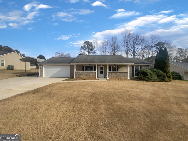 single story home featuring a porch, concrete driveway, a garage, stone siding, and a front lawn