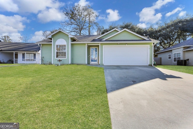 ranch-style house with a front lawn and a garage