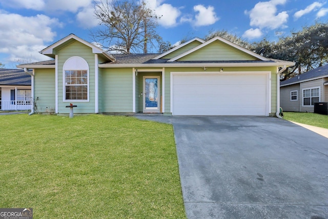 ranch-style house with a garage, central air condition unit, and a front yard