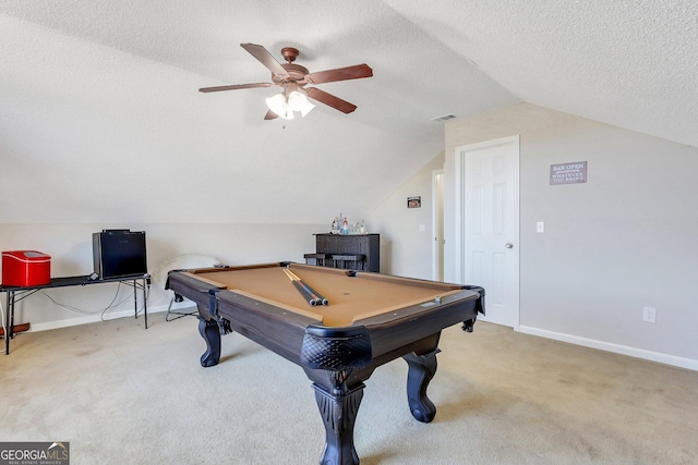 game room with a textured ceiling, light carpet, lofted ceiling, and billiards