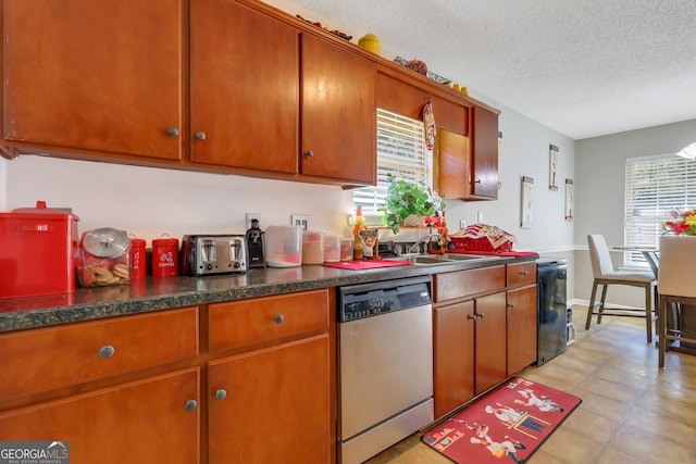 kitchen featuring stainless steel dishwasher, sink, a textured ceiling, and a healthy amount of sunlight