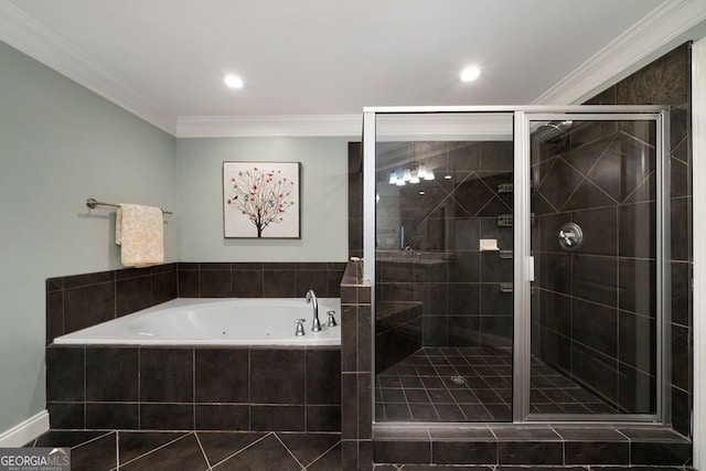 bathroom featuring plus walk in shower and crown molding