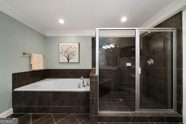 bathroom featuring independent shower and bath and crown molding