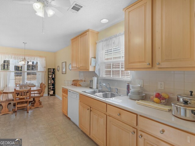 509 Carleton Pl, Locust Grove, GA 30248 - kitchen with light brown cabinets, white dishwasher, a sink, light countertops, and plenty of natural light