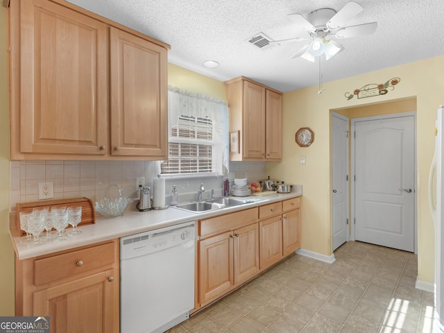 509 Carleton Pl, Locust Grove, GA 30248 - kitchen with white appliances, a sink, decorative backsplash, light countertops, and a ceiling fan