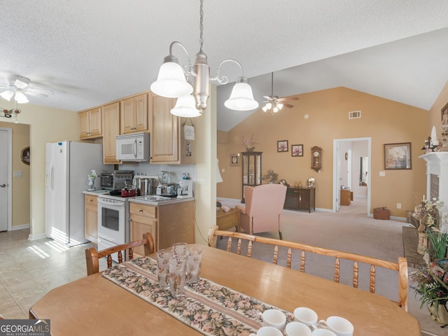 509 Carleton Pl, Locust Grove, GA 30248 - kitchen with ceiling fan, white appliances, light brown cabinets, a chandelier, and a textured ceiling