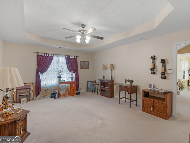 509 Carleton Pl, Locust Grove, GA 30248 - sitting room with a tray ceiling, carpet floors, a ceiling fan, a textured ceiling, and baseboards