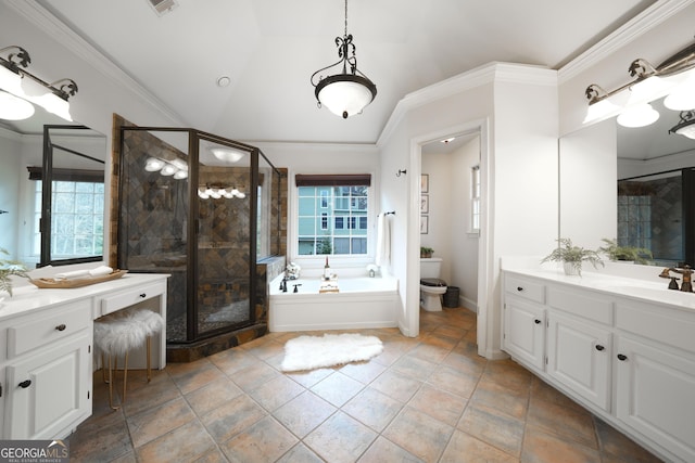 bathroom with plenty of natural light, a stall shower, vaulted ceiling, and crown molding