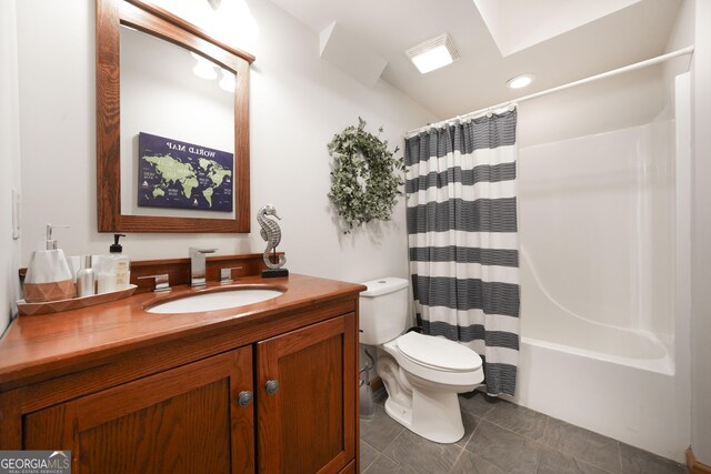 full bath featuring toilet, shower / tub combo, tile patterned flooring, and vanity