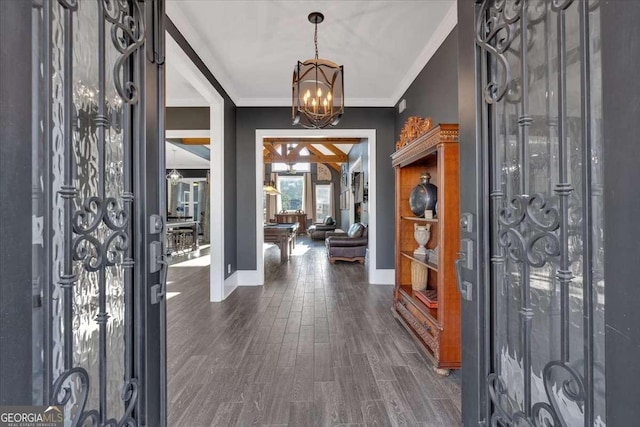 entryway with crown molding, an inviting chandelier, and dark hardwood / wood-style flooring