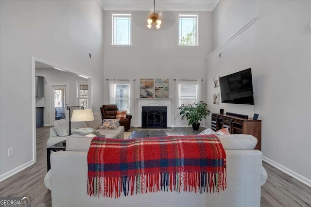 living area with a fireplace, wood finished floors, and baseboards