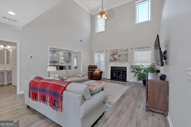 living room featuring a healthy amount of sunlight, light wood-style floors, and a fireplace with raised hearth